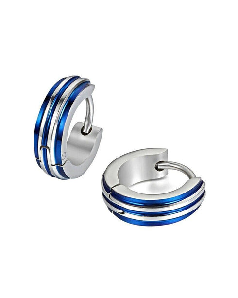 316L Surgical Steel Striped Blue/Black Men Women Hypoallergenic Hoop Earrings